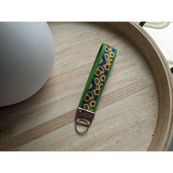 Sunflower Keychain Wristlet Feather Boho Fabric Key Ring FOB Green Floral Gift - Picture 5 of 7